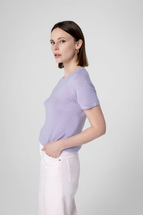 T-shirt Violet Clair Col Rond Manches Courtes en Cachemire - MAJESTIC FILATURES