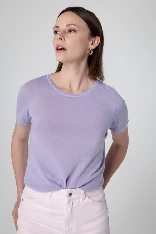 T-shirt Violet Clair Col Rond Manches Courtes en Cachemire - MAJESTIC FILATURES