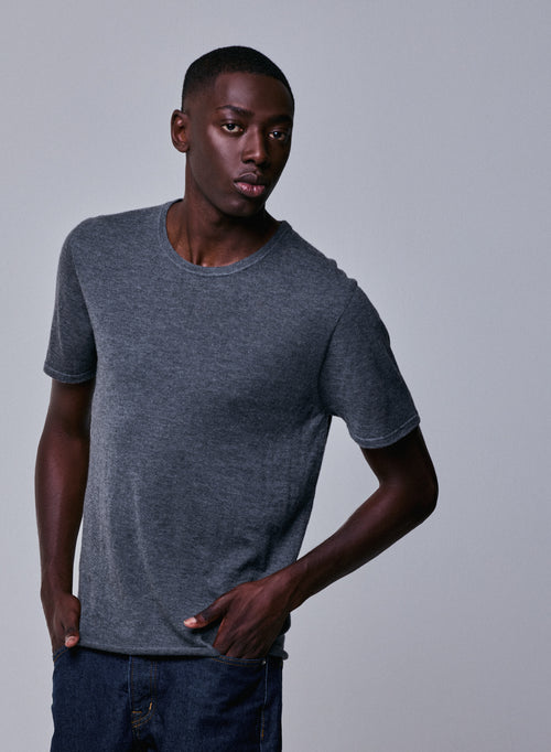 Grey Round Neck Short Sleeve Cashmere T-Shirt - MAJESTIC FILATURES