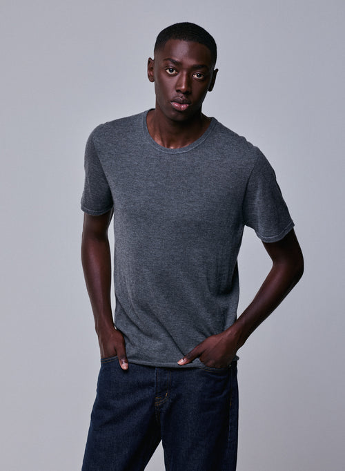 Camiseta de cachemir gris de manga corta con cuello redondo - MAJESTIC FILATURES