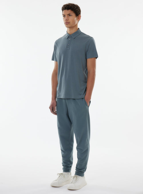 Blue Short Sleeve Polo Shirt in Lyocell, Tencel and Cotton - MAJESTIC FILATURES