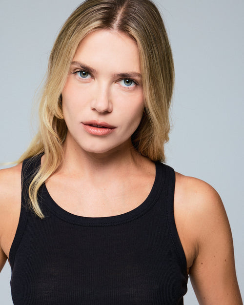 Navy tank top with sleeveless round neck in Lyocel / Tencel / Cotton - MAJESTIC FILATURES