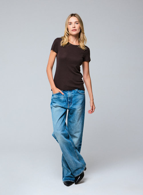 Camiseta de manga corta con cuello redondo marrón en Lyocel / Tencel / Algodón - MAJESTIC FILATURES