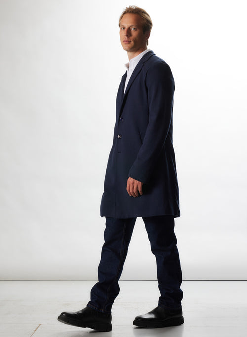 Manteau Marine Col Ouvert Manches Longues en Coton, Laine Merinos et Cachemire - MAJESTIC FILATURES