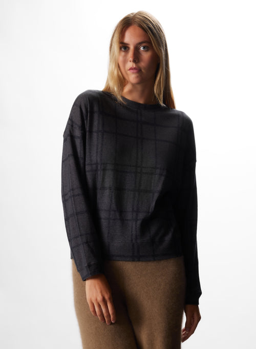 Sweat Anthracite chiné Col Rond Manches Longues en Coton / Cachemire - MAJESTIC FILATURES