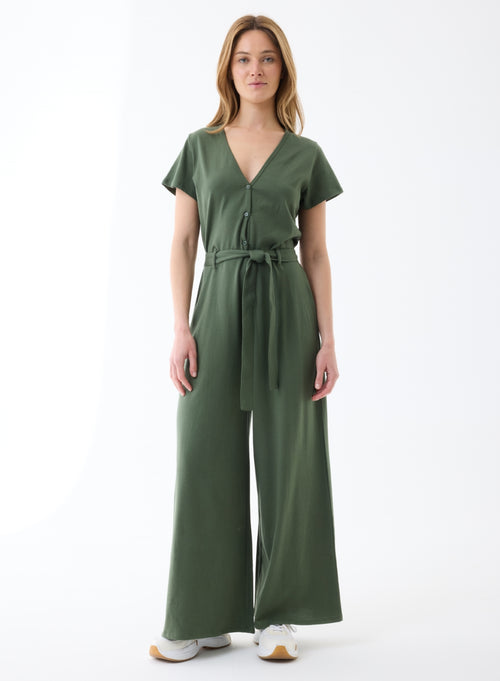 Green short-sleeved V-neck jumpsuit in organic cotton - MAJESTIC FILATURES