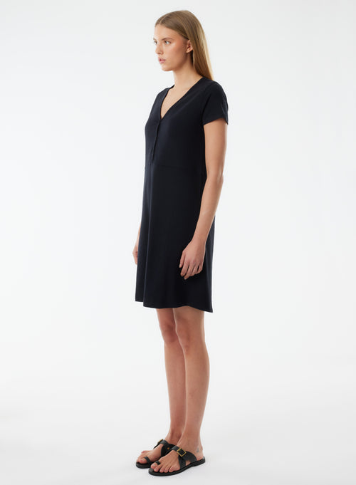 Schwarzes kurzärmeliges Kleid mit V-Ausschnitt aus Bio-Baumwolle - MAJESTIC FILATURES