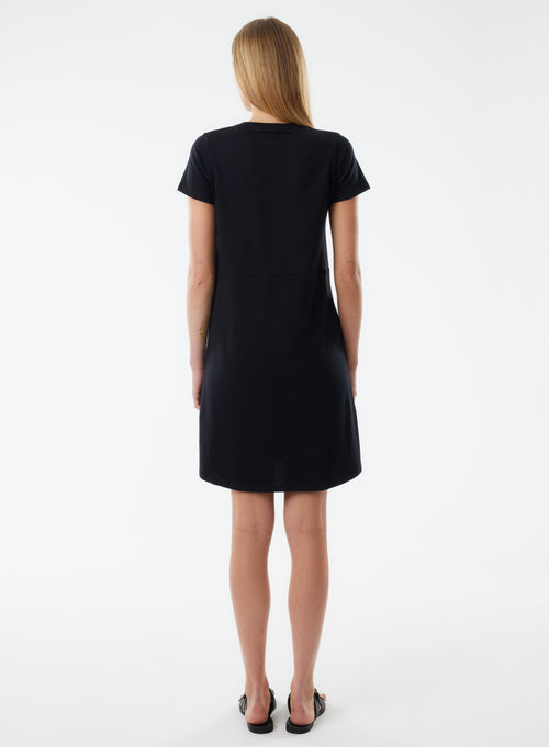 Schwarzes kurzärmeliges Kleid mit V-Ausschnitt aus Bio-Baumwolle - MAJESTIC FILATURES