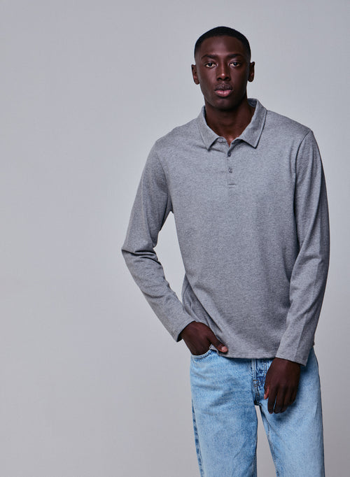Graues Poloshirt Langarm-Poloshirt aus Bio-Baumwolle - MAJESTIC FILATURES