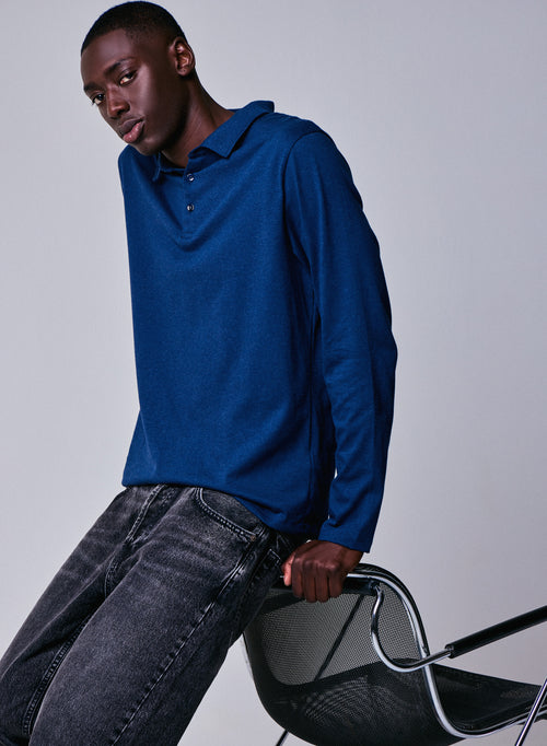 Blaues Poloshirt Langarm-Poloshirt aus Bio-Baumwolle - MAJESTIC FILATURES