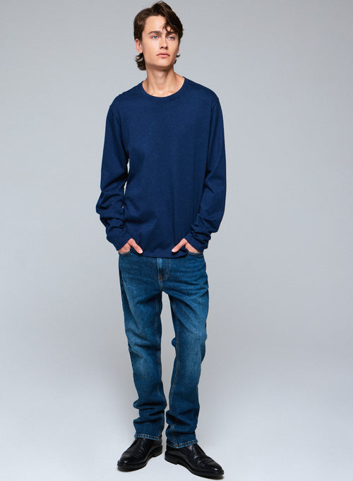 T-shirt Bleu Col Rond Manches Longues en Coton organique - MAJESTIC FILATURES