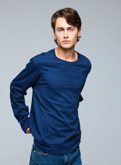 T-shirt Bleu Col Rond Manches Longues en Coton organique - MAJESTIC FILATURES