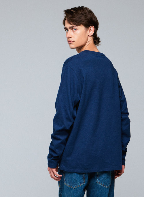 T-shirt Bleu Col Rond Manches Longues en Coton organique - MAJESTIC FILATURES