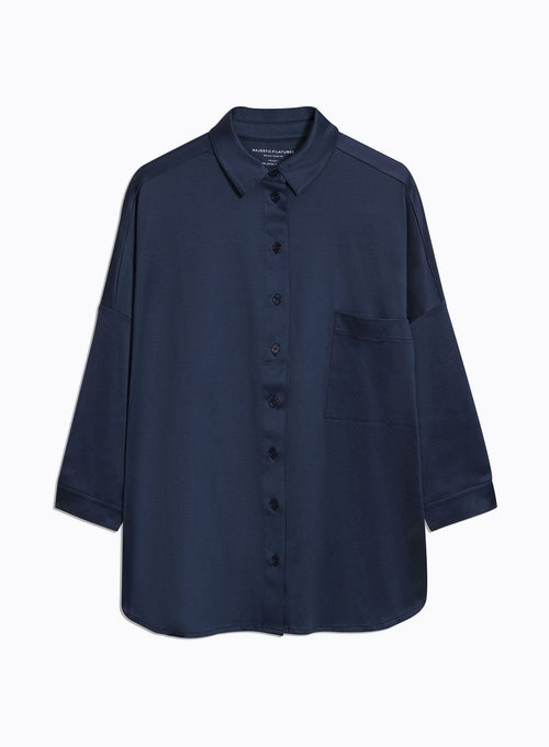 Camisa azul marino con mangas 3/4 en algodón orgánico - MAJESTIC FILATURES