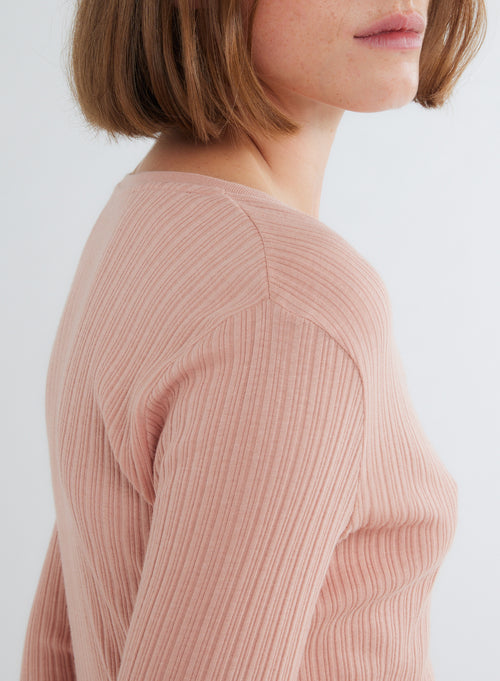 Rosa geripptes T-Shirt mit U-Ausschnitt und langen Ärmeln aus organischer Baumwolle - MAJESTIC FILATURES