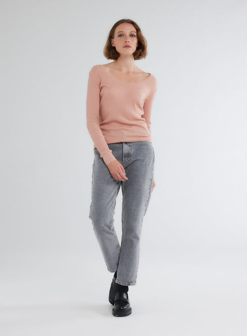 Rosa geripptes T-Shirt mit U-Ausschnitt und langen Ärmeln aus organischer Baumwolle - MAJESTIC FILATURES