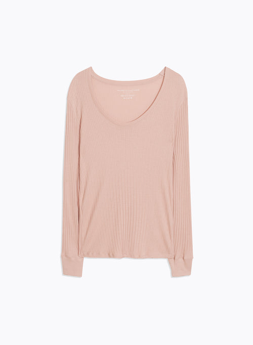 Rosa geripptes T-Shirt mit U-Ausschnitt und langen Ärmeln aus organischer Baumwolle - MAJESTIC FILATURES
