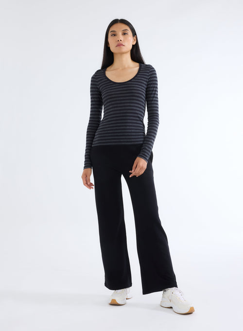Striped Navy and Charcoal U-neck Long Sleeve T-shirt in Organic Cotton and Cashmere - MAJESTIC FILATURES