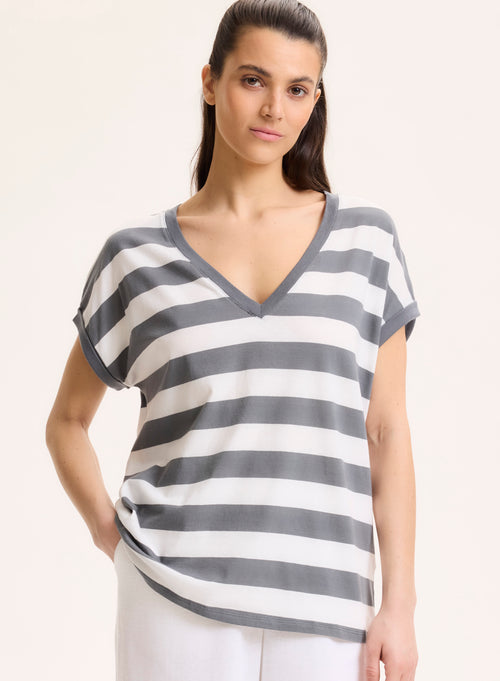 Eniloyal T-shirt pour femme avec col en V et manches courtes roulées et boutons d'été 2024 Eniloyal T-shirt pour femme avec col en V et manches courtes roulées et boutons d'été 2024