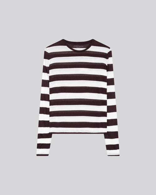 T-shirt Blanc / Aubergine Col Rond Manches Longues en Viscose / Cachemire - MAJESTIC FILATURES