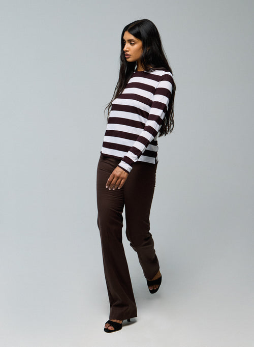 T-shirt Blanc / Aubergine Col Rond Manches Longues en Viscose / Cachemire - MAJESTIC FILATURES