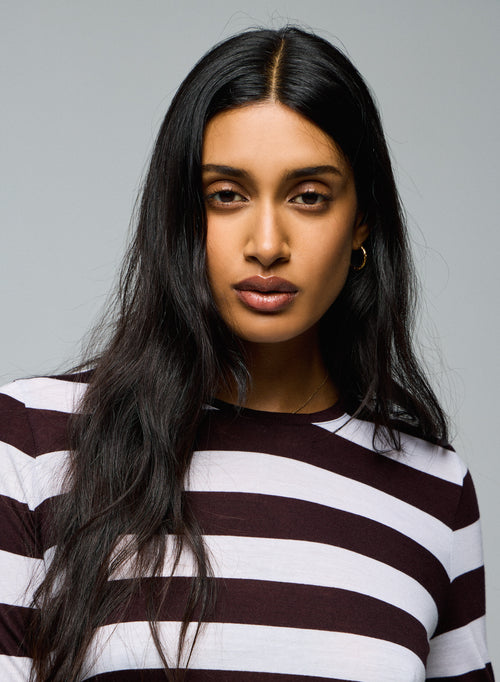 T-shirt Blanc / Aubergine Col Rond Manches Longues en Viscose / Cachemire - MAJESTIC FILATURES