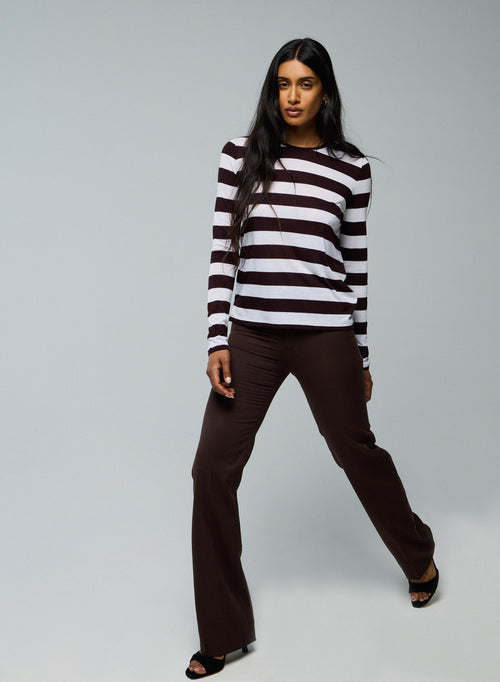 T-shirt Blanc / Aubergine Col Rond Manches Longues en Viscose / Cachemire - MAJESTIC FILATURES