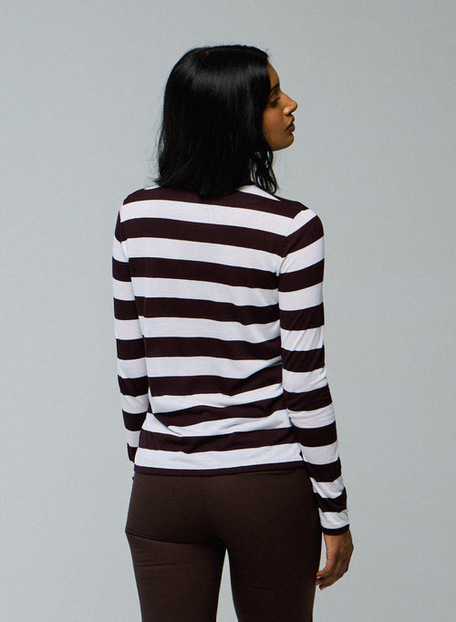 T-shirt Blanc / Aubergine Col Rond Manches Longues en Viscose / Cachemire - MAJESTIC FILATURES