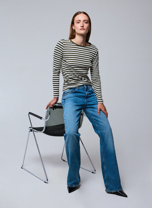 T-shirt Marinière Vert / Blanc Col Rond Manches Longues en Coton organique - MAJESTIC FILATURES