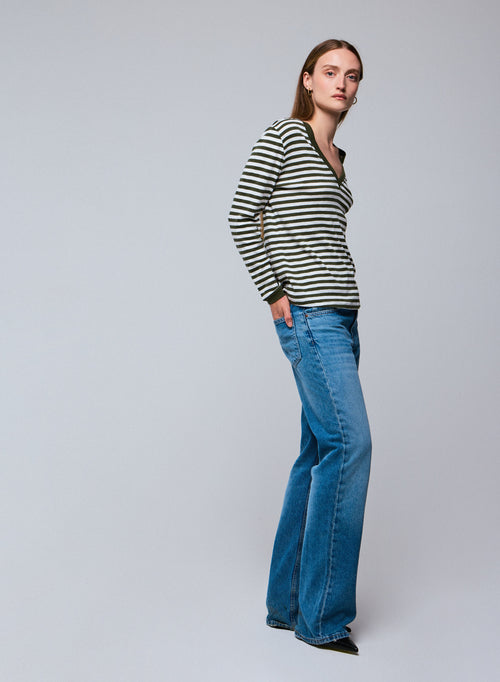 T-shirt Marinière Vert / Blanc Col V Manches Longues en Coton organique - MAJESTIC FILATURES