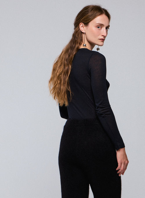Black Round Neck Long Sleeves T-shirt in Viscose / Cashmere - MAJESTIC FILATURES