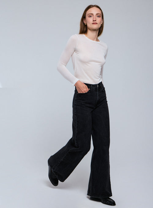 Camiseta blanca de manga larga con cuello redondo en viscosa / cachemira - MAJESTIC FILATURES