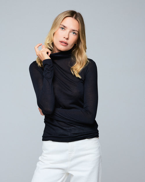 T-shirt Noir Col Roulé Manches Longues en Viscose / Cachemire - MAJESTIC FILATURES