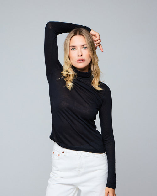 T-shirt Noir Col Roulé Manches Longues en Viscose / Cachemire - MAJESTIC FILATURES