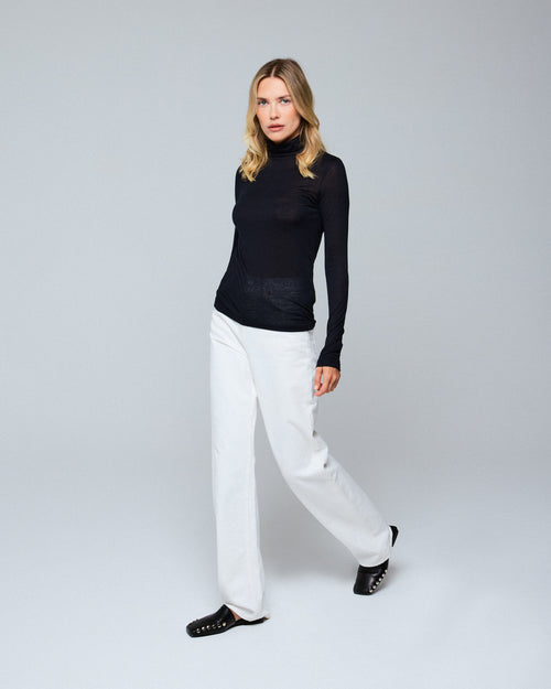 T-shirt Noir Col Roulé Manches Longues en Viscose / Cachemire - MAJESTIC FILATURES