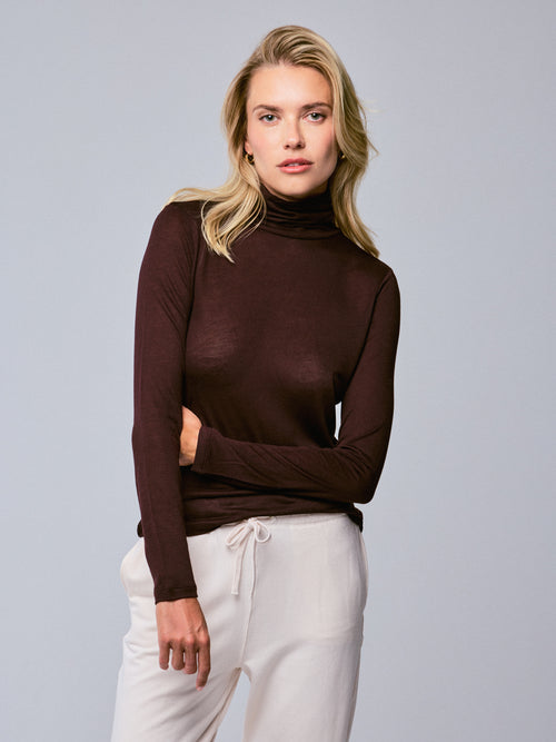 Purple Turtleneck Long Sleeves T-shirt in Viscose / Cashmere - MAJESTIC FILATURES
