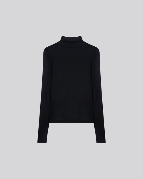T-shirt Noir Col Roulé Manches Longues en Viscose / Cachemire - MAJESTIC FILATURES