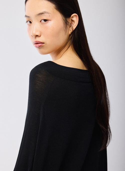 Pull Noir Col Bateau Manches Longues en Laine merinos - MAJESTIC FILATURES