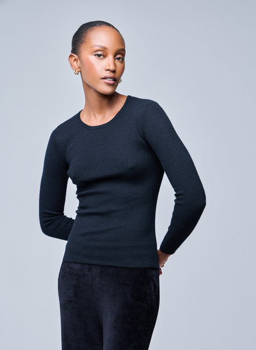 Black Round Neck Long Sleeve Cashmere T-Shirt - MAJESTIC FILATURES