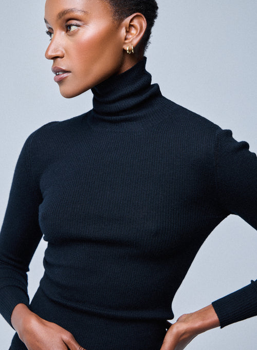 T-shirt Noir Col Montant Manches Longues en Cachemire - MAJESTIC FILATURES