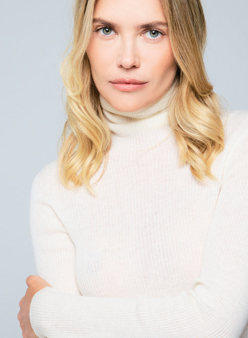 Weißes Kaschmir-Langarm-T-Shirt mit hohem Ausschnitt - MAJESTIC FILATURES