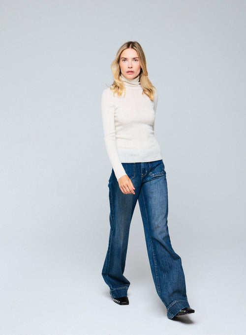 Weißes Kaschmir-Langarm-T-Shirt mit hohem Ausschnitt - MAJESTIC FILATURES