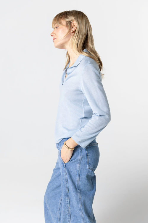 Polo Bleu Clair Manches Trois quarts en Cachemire - MAJESTIC FILATURES