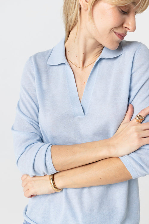 Polo Bleu Clair Manches Trois quarts en Cachemire - MAJESTIC FILATURES