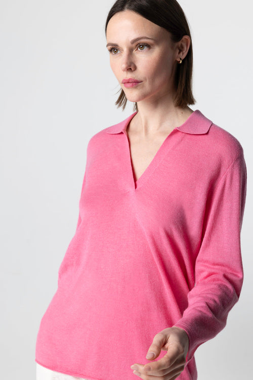 Pink Three-Quarter-Sleeve Cashmere Polo - MAJESTIC FILATURES