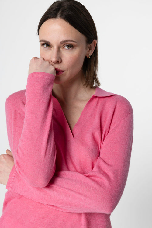Pink Three-Quarter-Sleeve Cashmere Polo - MAJESTIC FILATURES