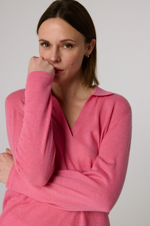 Polo Rose Manches Trois quarts en Cachemire - MAJESTIC FILATURES