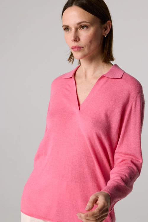 Polo Rose Manches Trois quarts en Cachemire - MAJESTIC FILATURES