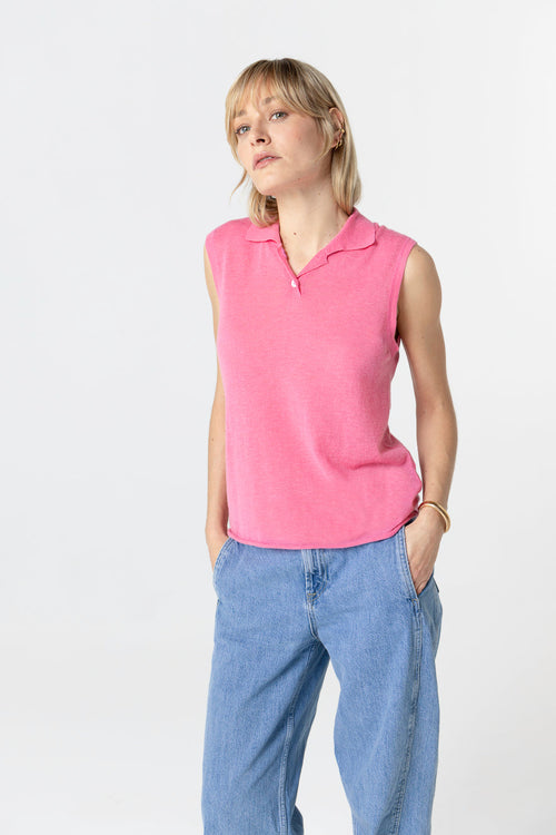 Polo Rose Sans Manches en Cachemire - MAJESTIC FILATURES