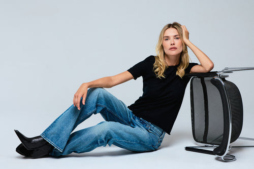 T-shirt Noir Col Rond Manches Courtes en Cachemire - MAJESTIC FILATURES